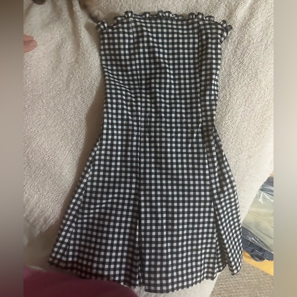 UO Margot Strapless Drop Waist Mini gingham Dress